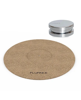 Fluance Cork Platter Mat and HiFi Vinyl Record Weight 760 gram Steel Lp Disc Stabilizer Turntable Accessory with Protective Velvet Pad for Vibration D