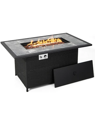 Rattan Wicker Propane Fire Pit Table with Rain Cover and Lava Rock