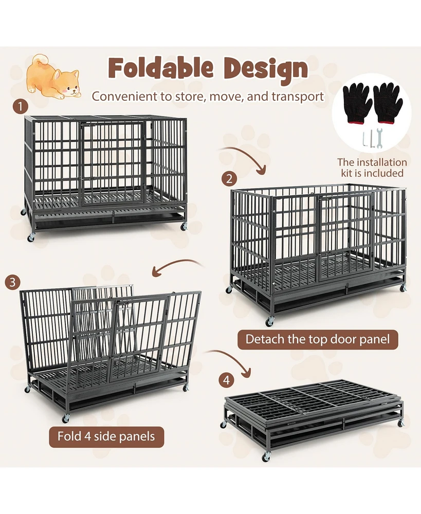 Foldable Metal Dog Cage with Lockable Casters and Tray – Heavy-Duty Pet Crate for Home or Travel