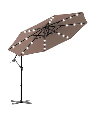 Gymax 10Ft Patio Solar Led Outdoor Offset Hanging Umbrella w/ 24
