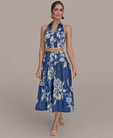 Donna Karan New York Women's Halter Belted Floral Print Midi Dress
