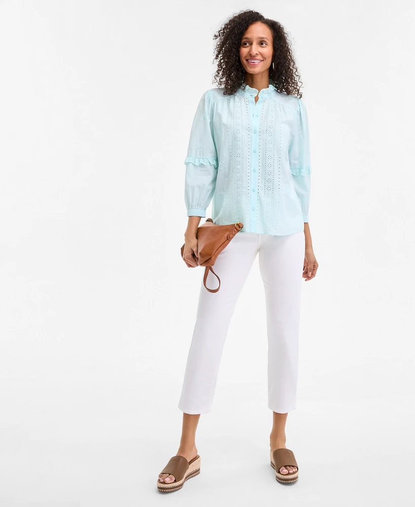 Style & Co Women's Cotton Eyelet-Front 3/4-Puff Sleeve Blouse, Exclusively at Macy's