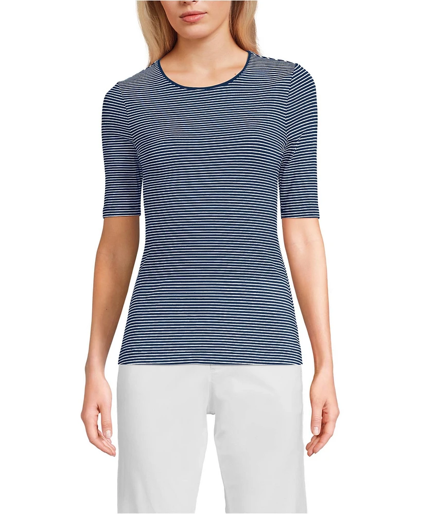 Lands' End Women's Lightweight Jersey Skimming Elbow Sleeve Crew Neck T-shirt