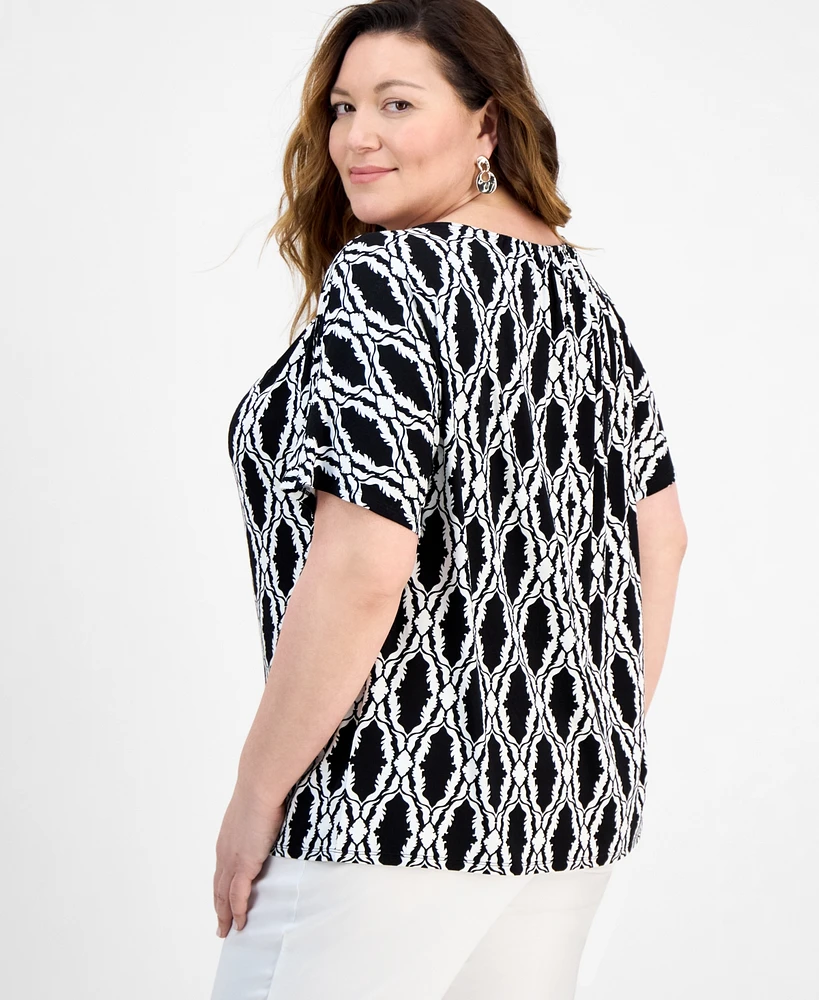 Jm Collection Plus Printed Shirred Tee