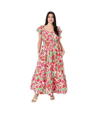 June + Vie Women's Smocked Poplin Maxi Dress
