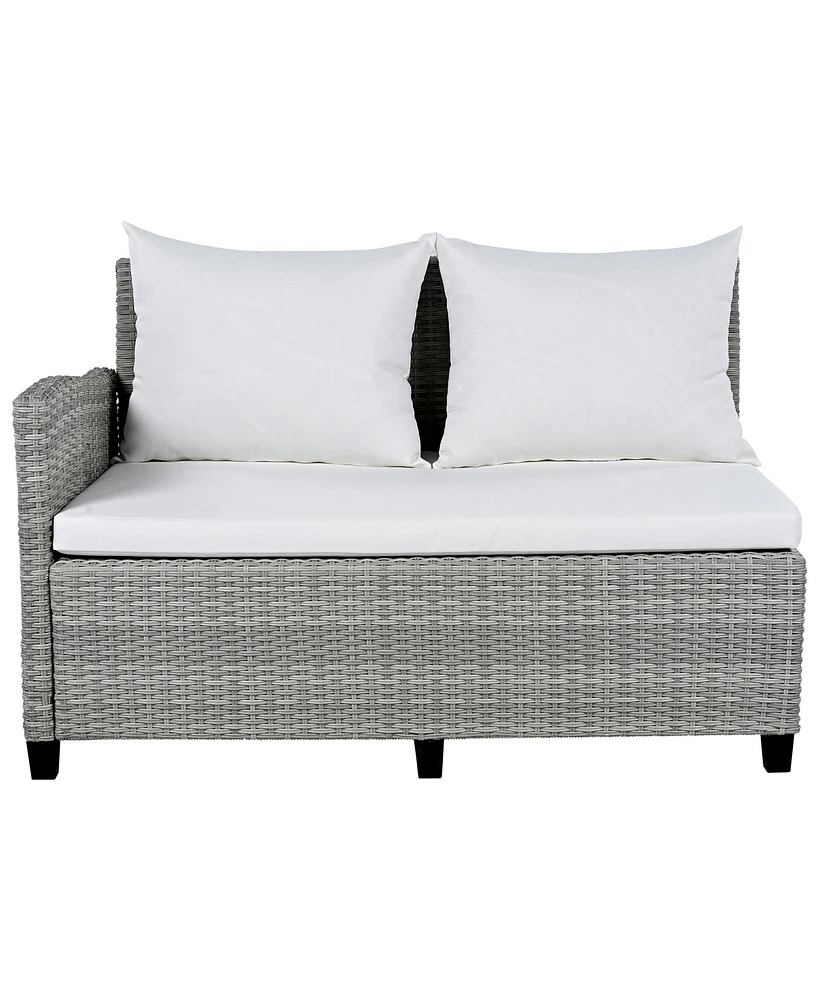 Mondawe 5-Piece Outdoor Sectional Pe Wicker L-Shaped Garden Furniture Set with 2 Extendable Side Tables, Dining Table and Washable Covers