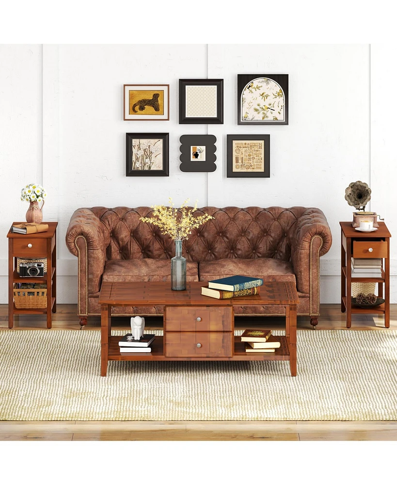 3-Tier Narrow End Table Set of 2 – With Drawer and Storage Shelves for Bedroom or Living Room Organization