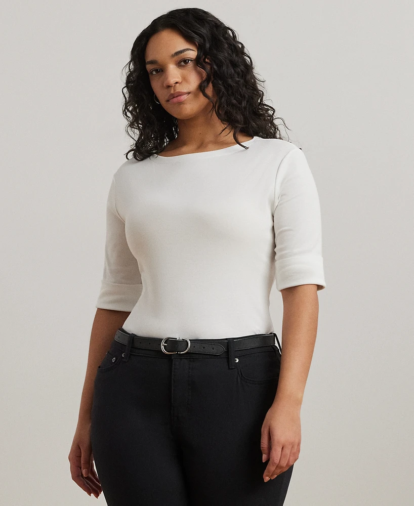 Lauren Ralph Plus Cotton-Blend Boatneck Top