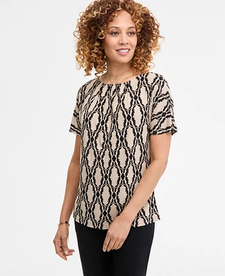 Jm Collection Women's Printed Pleat Neck Short-Sleeve Top, Exclusively at Macy's