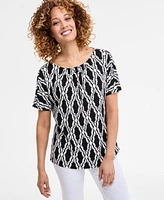 Jm Collection Women's Printed Pleat Neck Short-Sleeve Top, Exclusively at Macy's