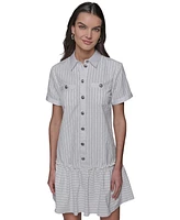 Karl Lagerfeld Paris Women's Embellished Shirred Shirtdress With Spread Collar