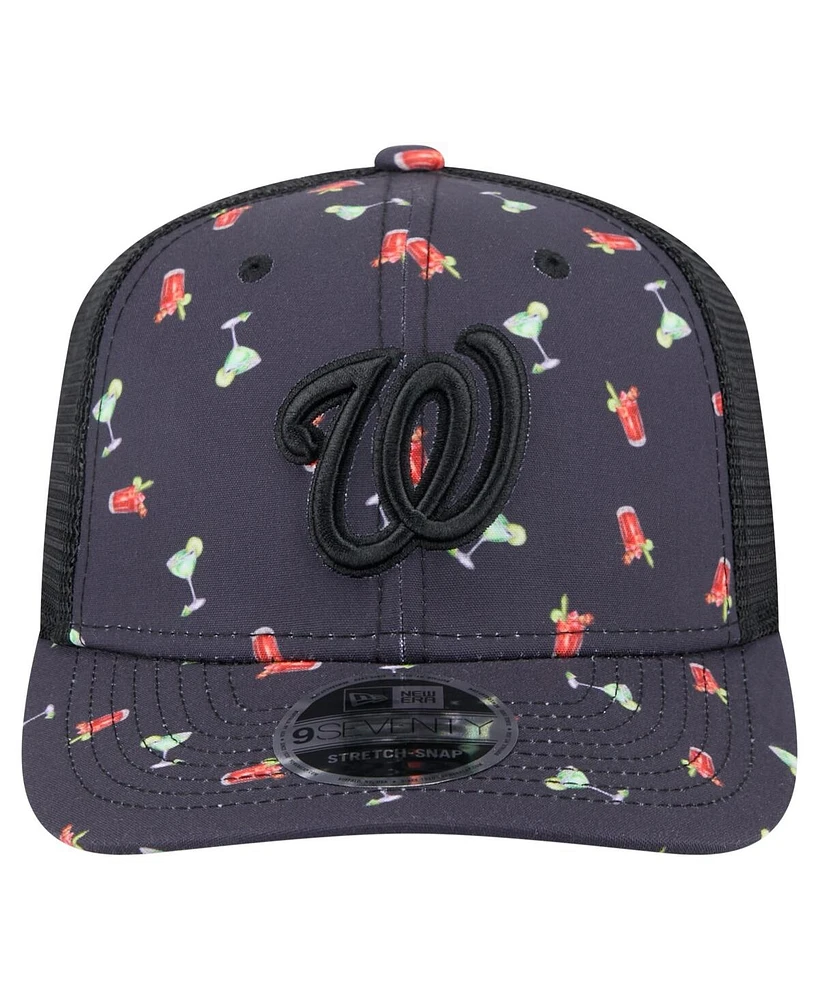 New Era Men's Black Washington Nationals Adventure Drinks Pattern 9SEVENTY Stretch-Snap Hat