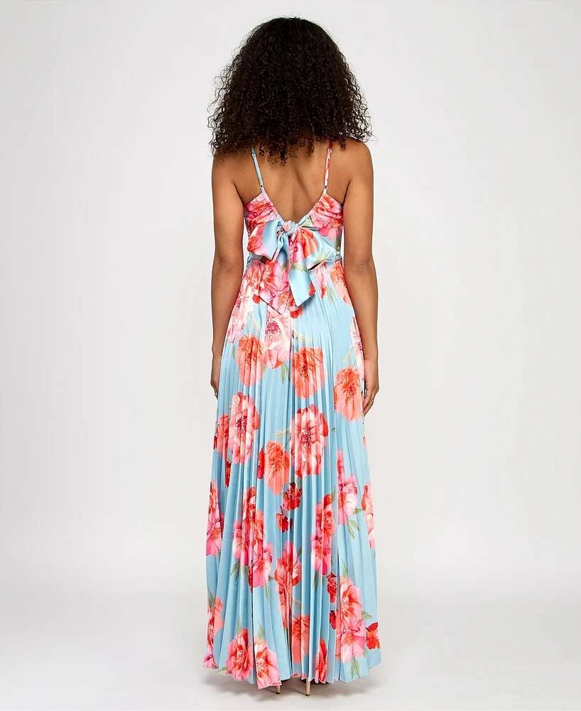Katia Rae Juniors' Floral Bow-Back Pleated Maxi Dress