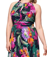 Xscape Plus Printed Halter-Neck Pleated Sleeveless Gown