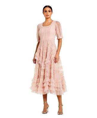 Mac Duggal Women's Short Sleeve Mesh Mirco Ruffle Midi Dress