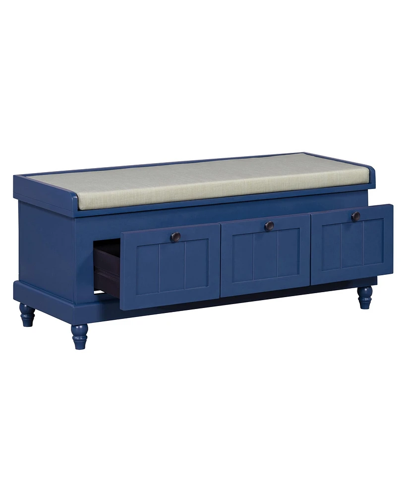 Classic Storage Bench with Cushioned Seat and Three Drawers for Entryway and Living Room (Navy Blue)