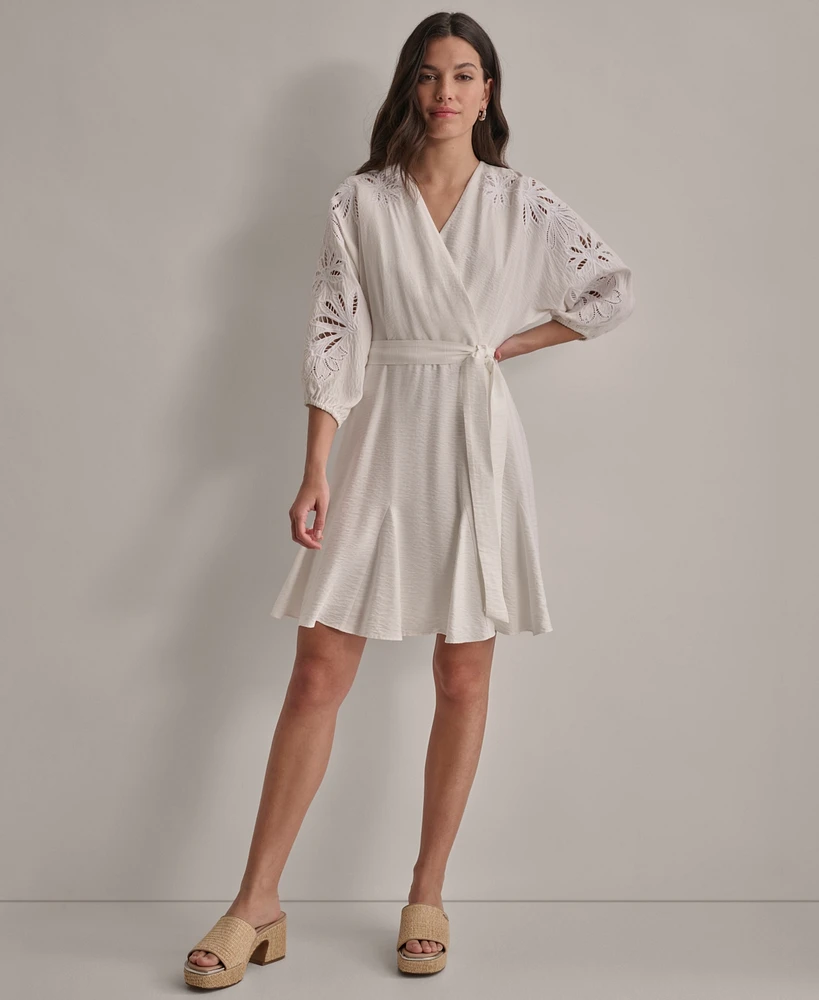 Dkny Women's V-neck Embroidered-trim Belted Dress