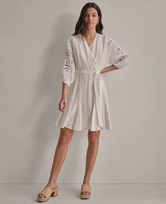 Dkny Women's V-neck Embroidered-trim Belted Dress
