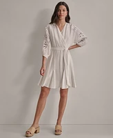 Dkny Women's V-neck Embroidered-trim Belted Dress