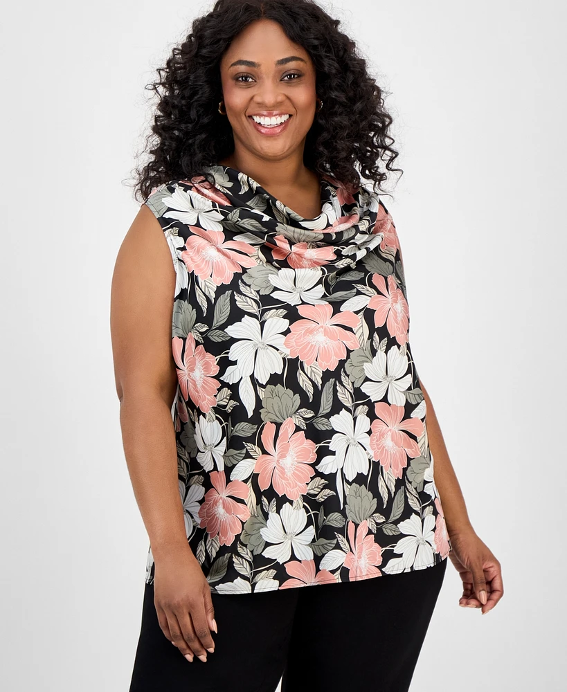 Kasper Plus Floral-Print Draped-Neck Top