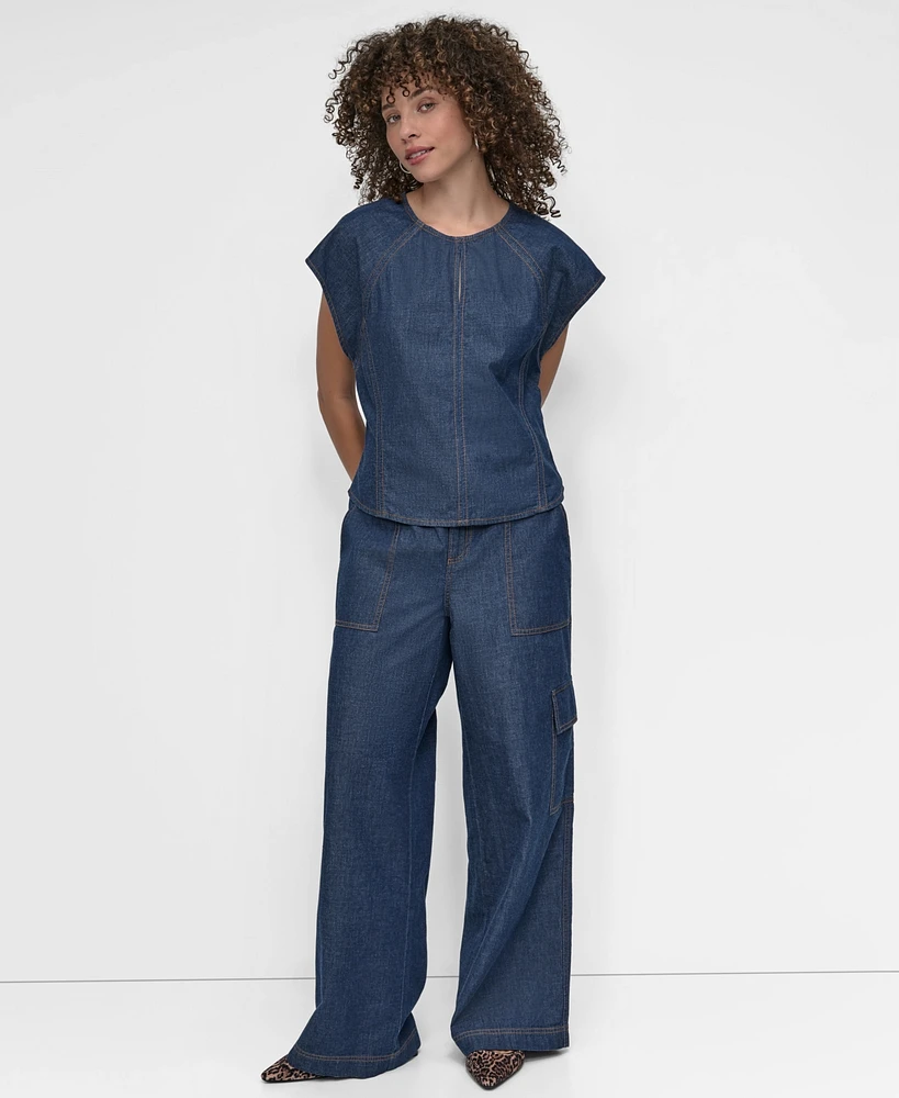 Dkny Women's Cotton Seamed Light-Weight Denim Top