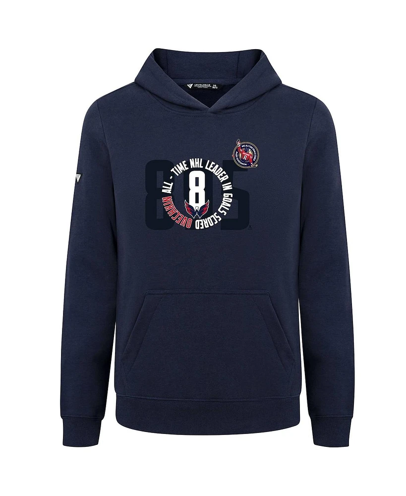 LevelWear Big Boys and Girls Alexander Ovechkin Navy Washington Capitals Nhl All-Time Leading Goal Scorer Milestone Name & Number Podium Pullover Hood