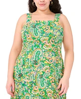 Vince Camuto Plus Paisley- Print Square-Neck Smocked-Back Sleeveless Maxi Dress