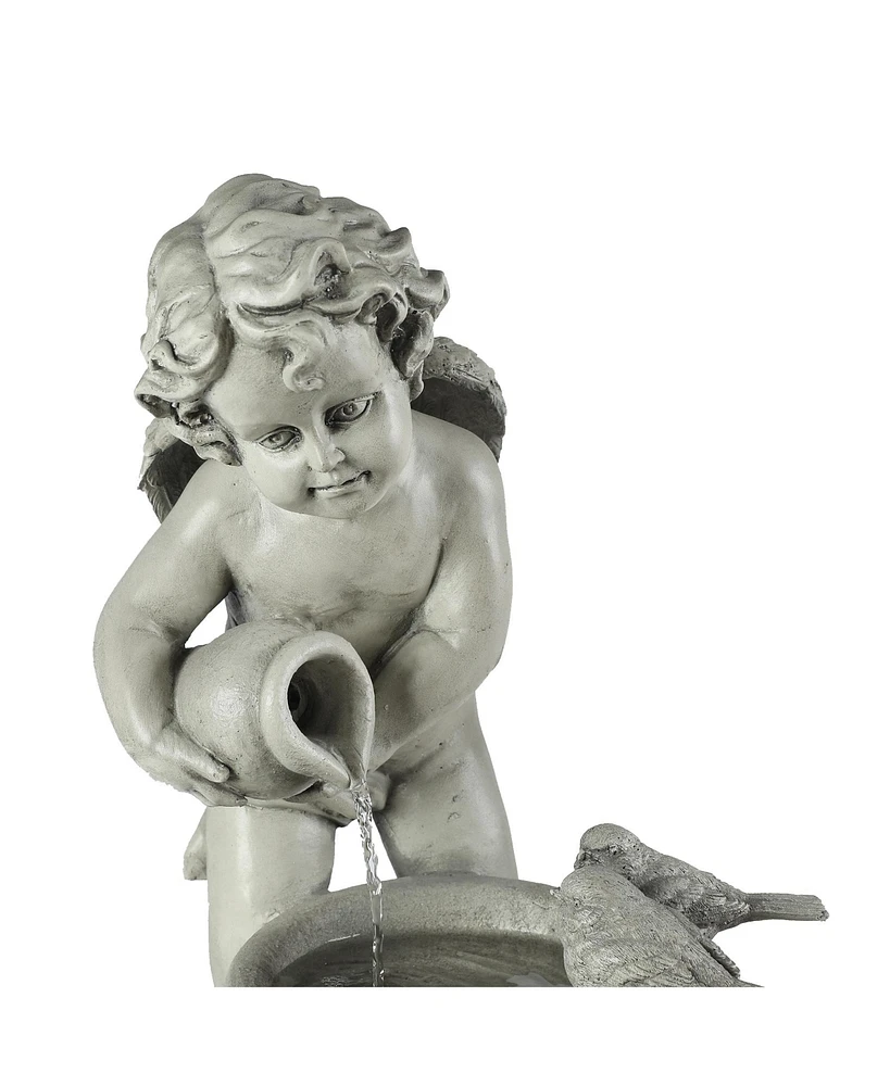 LuxenHome Gray Resin Cherub Birdbath Outdoor Patio Fountain