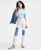 Style & Co Petite Patchwork Straight-Leg Jeans, Exclusively at Macy's