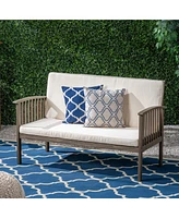 1-Piece Outdoor Acacia Wood Loveseat with Cream Cushions