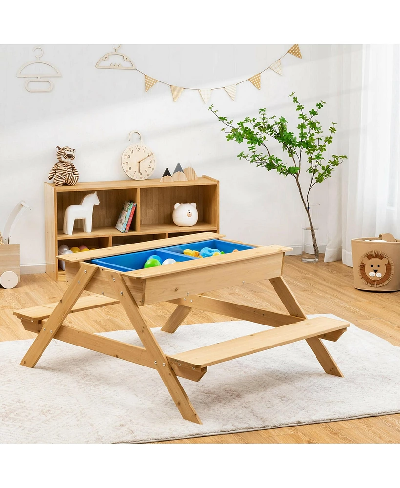 Gymax 3 in 1 Kids Picnic Table Wooden Outdoor Water Sand Table w/ Play Boxes