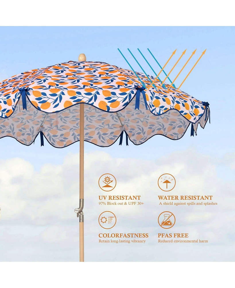 LAGarden Our Beach Umbrella for 6ft Beech Wood Pole w/ Tablecloth Printed Lemon Tree for Outdoor Garden Summer Event Planning Small Patio Balcony