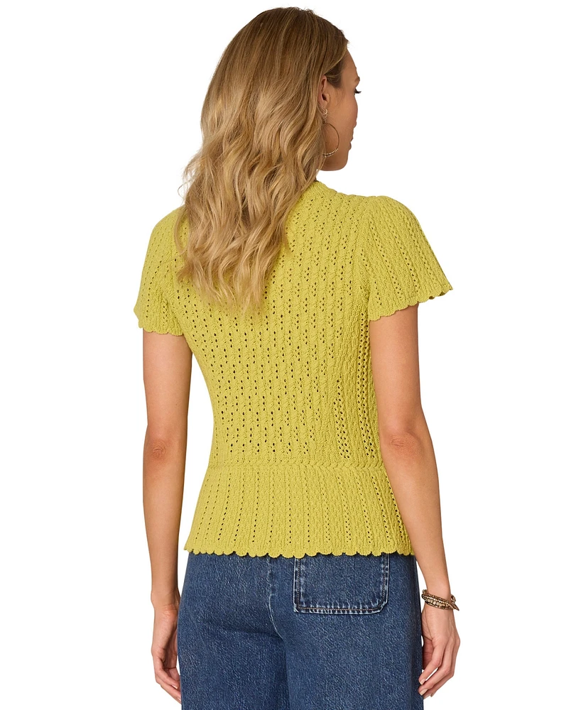 Democracy Petite Crochet Flounce-Sleeve Peplum Sweater