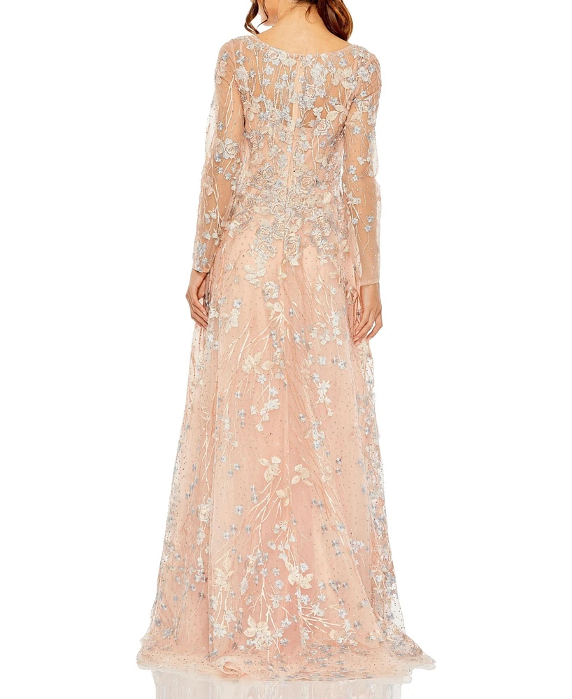 Mac Duggal Women's Embellished Wrap Over Illusion Long Sleeve A Line