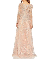 Mac Duggal Women's Embellished Wrap Over Illusion Long Sleeve A Line