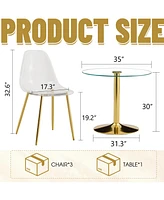 35" Glass Round Dining Set: Gold Table & 3 Clear Chairs