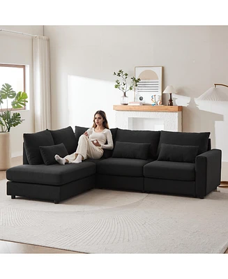 100" Convertible L-Shaped Linen Sofa with Ottoman & Cushions
