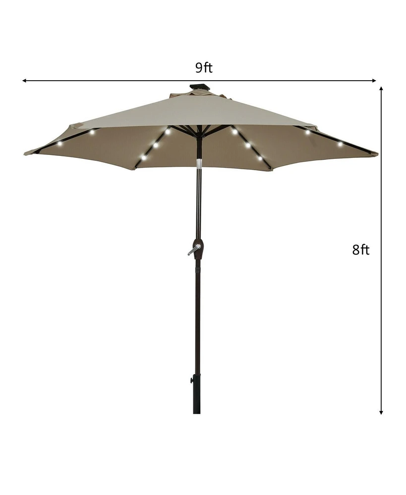 9 Feet Solar Led Lighted Patio Market Umbrella Tilt Adjustment Crank Lift-Tan