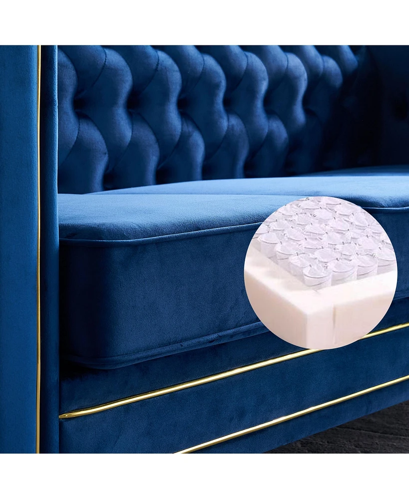 Chesterfield Velvet Sofa 84.65 inch for Living Room Blue Color