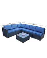 Seven-Piece Black Rattan Outdoor Sofa Set w/ Blue Cushions