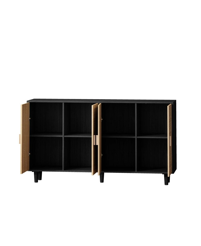 62.20" Elegant and Functional 4-Door Rattan Decorative Storage Cabinet, for Bedroom, Living Room, Office, Easy Assembly, Black(Same Sku:W757P1749