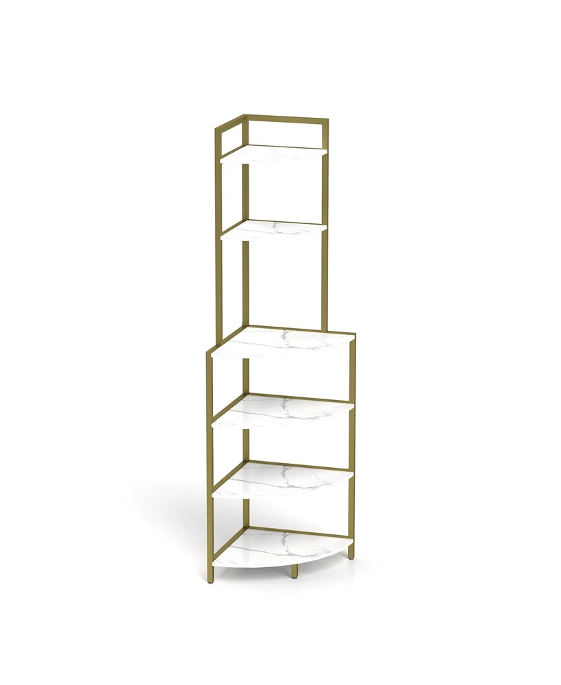 6-Tier Corner Open Shelf Modern Bookcase Wood Rack Freestanding Shelving Unit, Plant Album Trinket Sturdy Stand Small Bookshelf Space-Saving for Livin