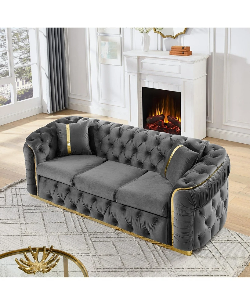 90" Velvet Button Tufted Chesterfield Sofa - Gray