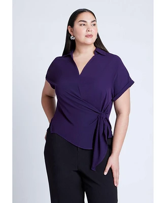 Eloquii Women's Short Sleeve Collared Top With Waist Tie