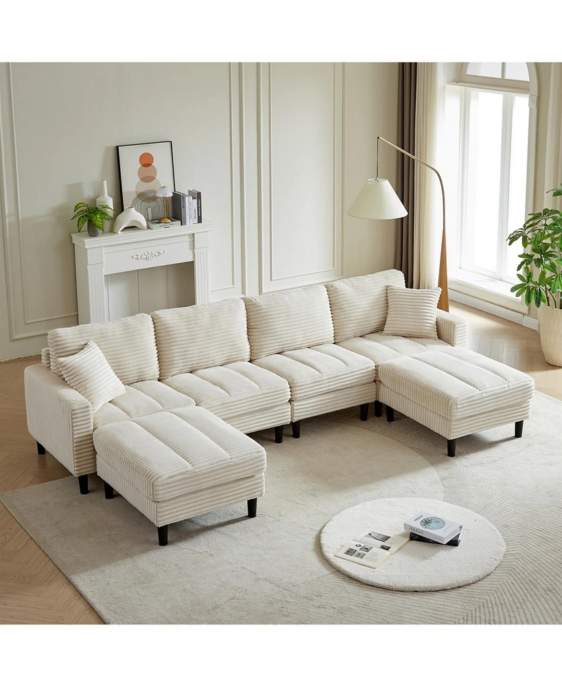 Oversized U-Shaped Corduroy Modular Sofa with Ottomans and Pillows