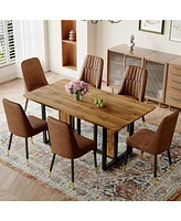 Wood-Textured Mdf Dining Table Set with 6 Armless Suede Chairs
