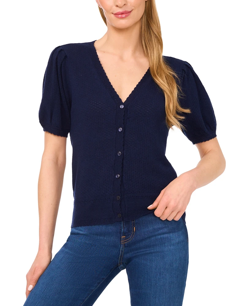 CeCe Women's Pointelle-Stitch Short-Sleeve V-Neck Cardigan