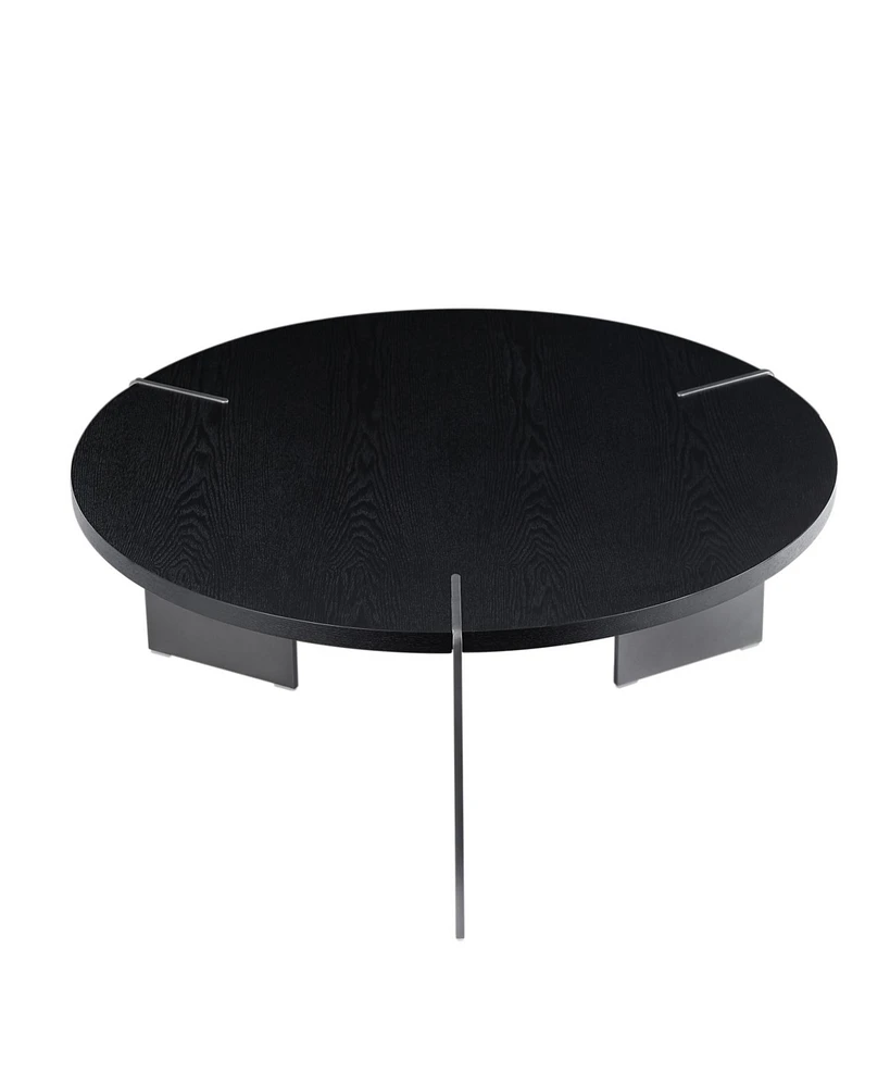 Round Coffee Table Black Oak Wood Surface and Black Metel Feet