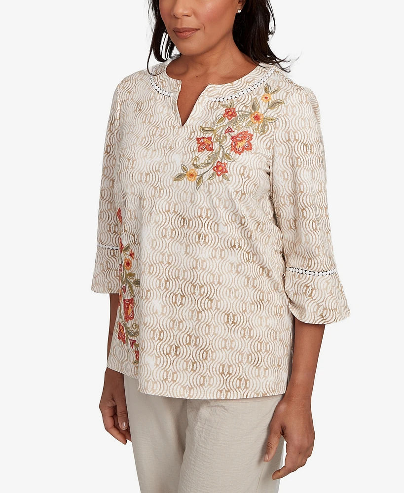 Alfred Dunner Petite Copper Canyon Printed Floral Bell Sleeve Embroidered Top