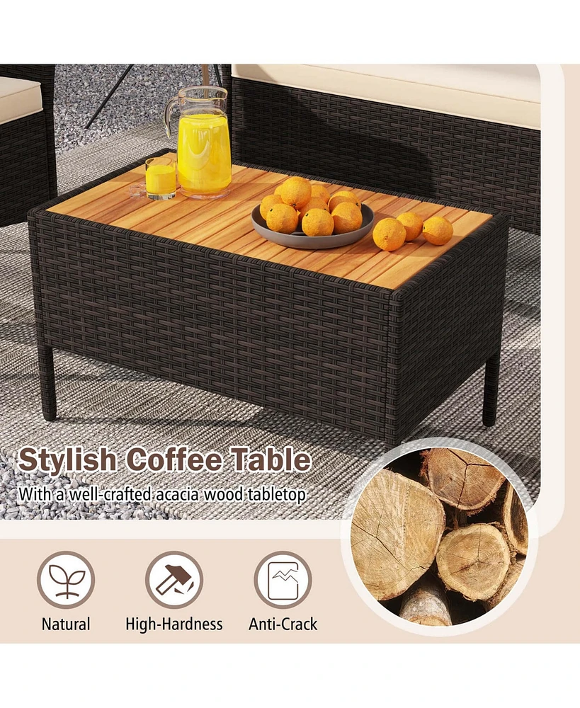 4 Pcs Patio Wicker Sofa Set with Coffee Table Acacia Wood Armrests & Tabletop